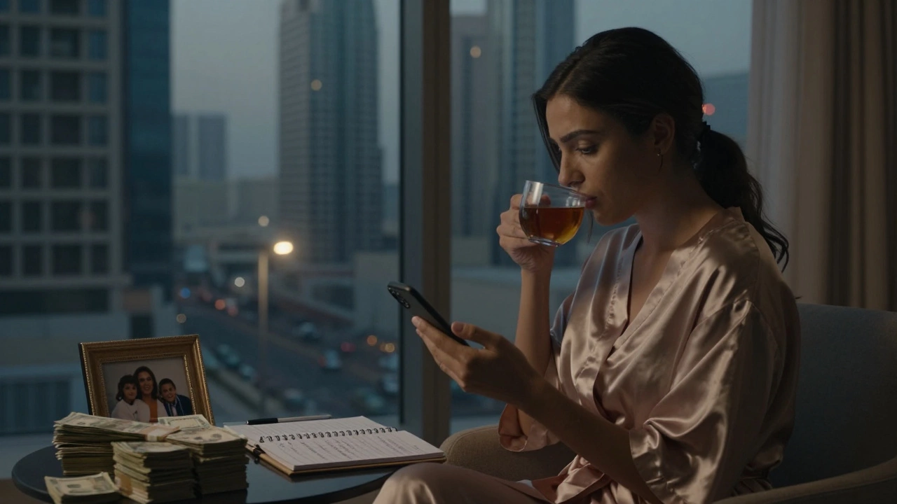 A woman sits alone in her Dubai apartment at dawn, reviewing client messages with tea and cash nearby, symbolizing hidden emotional labor.