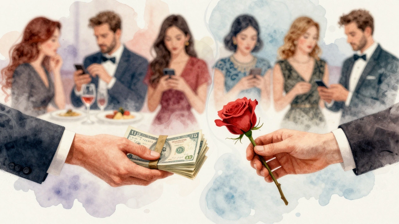 Two hands reach across a divide — one holding money, the other a rose — blending images of dating and companionship as equal forms of emotional work.